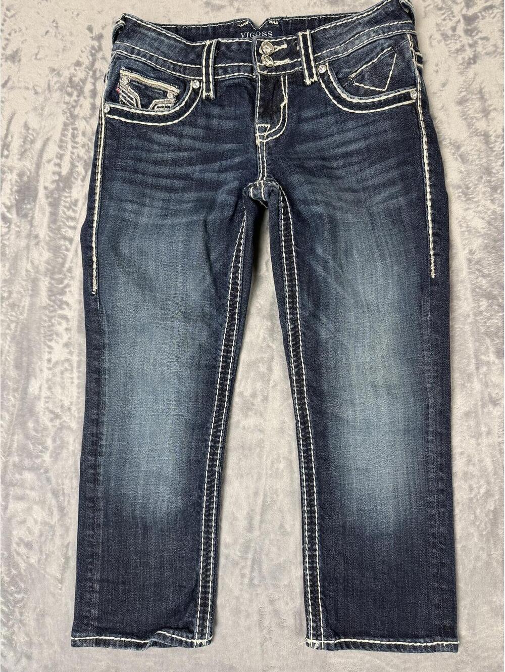 Vigoss Dublin Capri Jeans Womens Size 1/2 Blue Denim Thick Stitch Flap Pocket